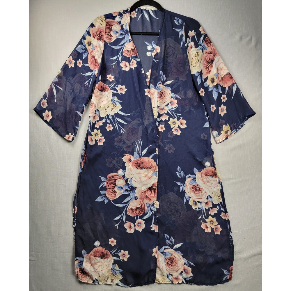 Navy Blue Floral Chiffon Kimono Duster Cardigan Size M Made in USA